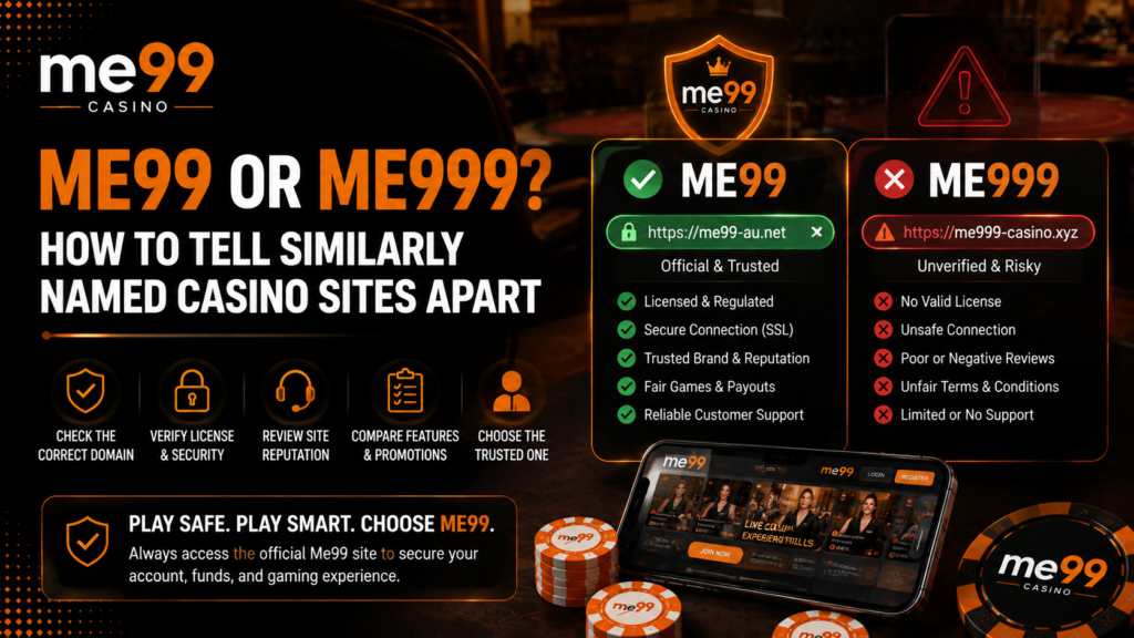 Me99 casino versus Me999 comparison showing how to identify the official Me99 casino site and avoid unverified casino websites