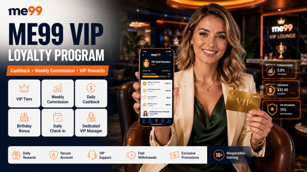 me99 VIP loyalty program hero banner featuring an Australian woman showcasing VIP rewards, cashback, weekly commission, and exclusive member benefits.